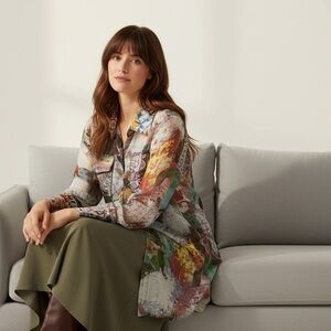 Vintage Concept Semi Sheer Multicolor Watercolor Long Line Blouse Size S